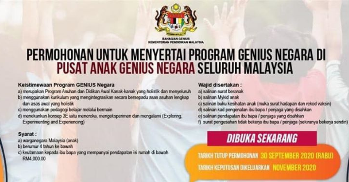 Permohonan Untuk Menyertai Program Pusat Anak Genius Negara Seluruh Malaysia Sehingga 30 September